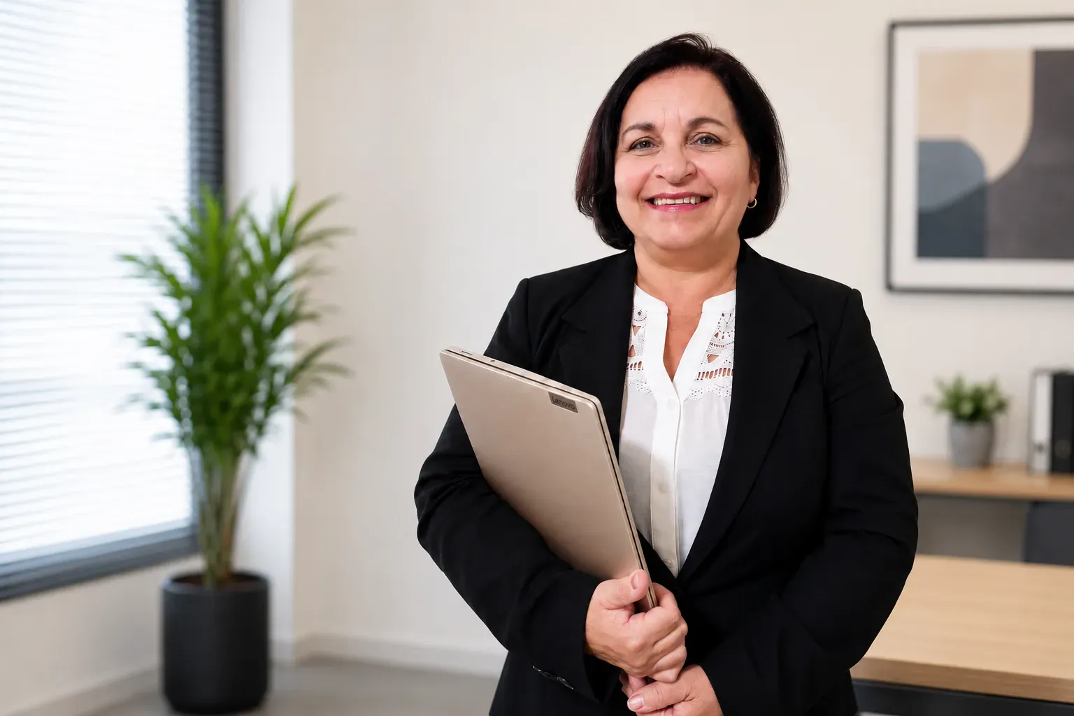 A friendly advisor smiling and holding a laptop in a bright office